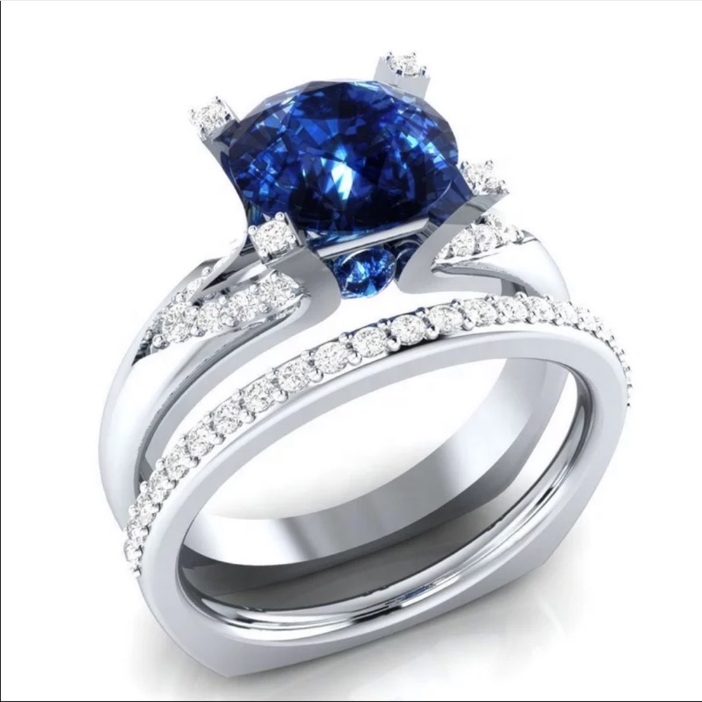 New 2pc Set 925 Silver Sapphire Ring